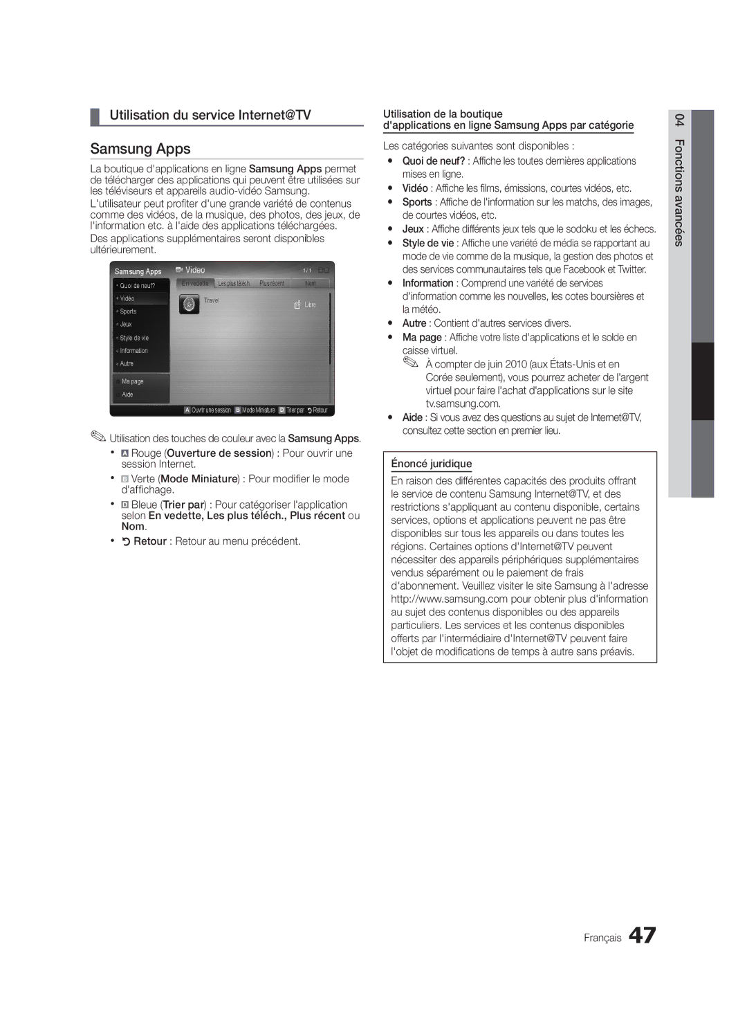 Samsung 750 user manual Utilisation du service Internet@TV, Énoncé juridique Fonctions avancées Français 