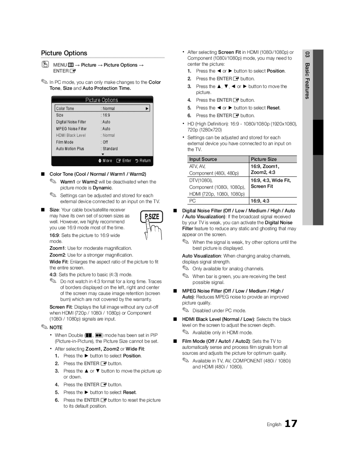 Samsung 750 user manual Picture Options 