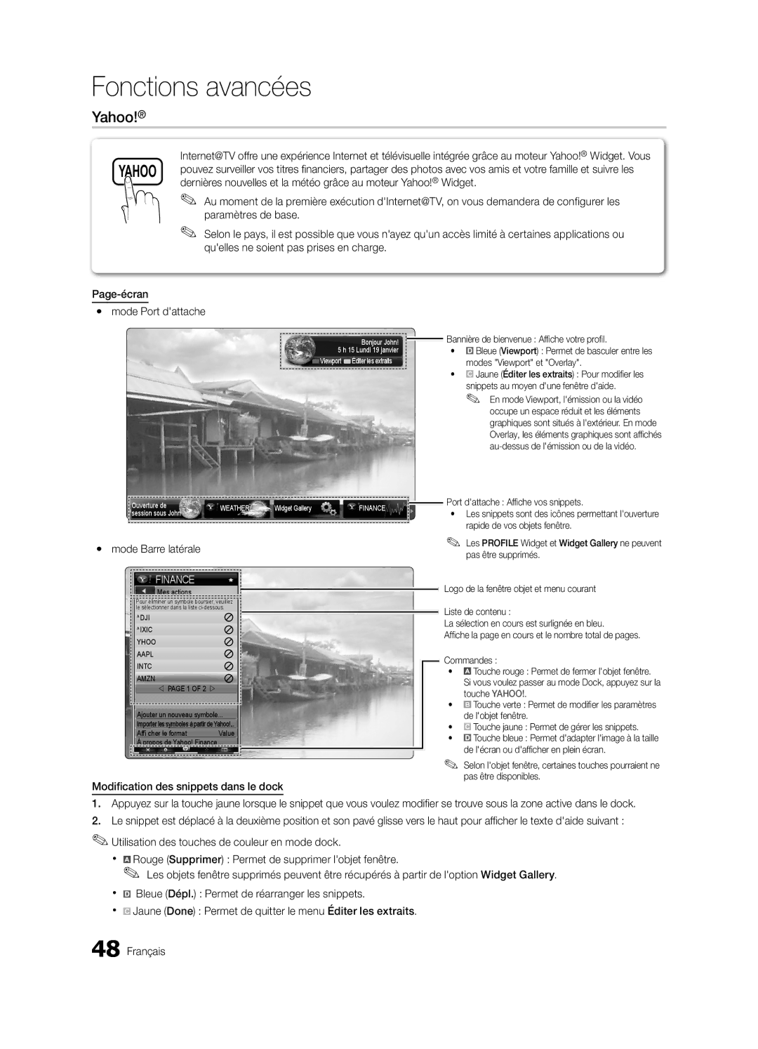 Samsung 750 user manual Yy mode Barre latérale, Modification des snippets dans le dock 