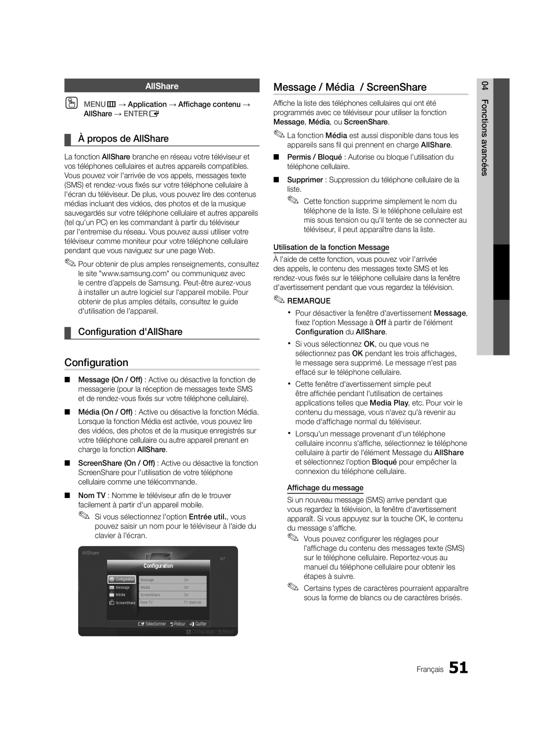 Samsung 750 user manual Message / Média / ScreenShare, Propos de AllShare, Configuration dAllShare 