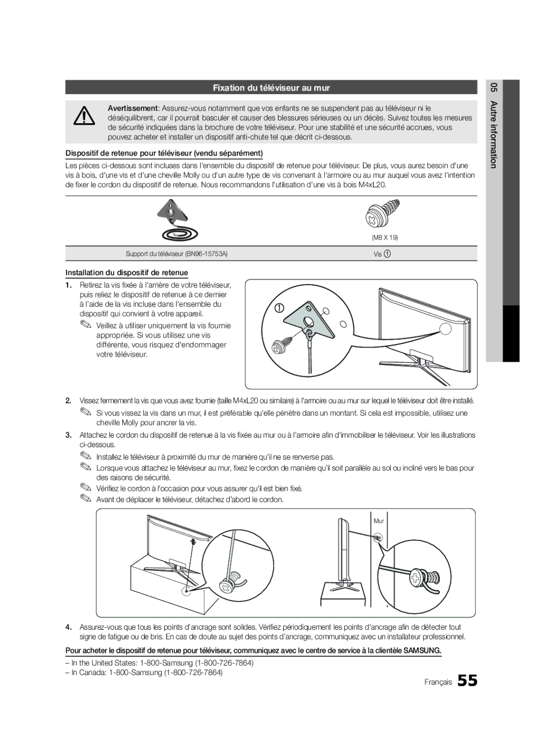 Samsung 750 Fixation du téléviseur au mur, Installation du dispositif de retenue, Cheville Molly pour ancrer la vis 