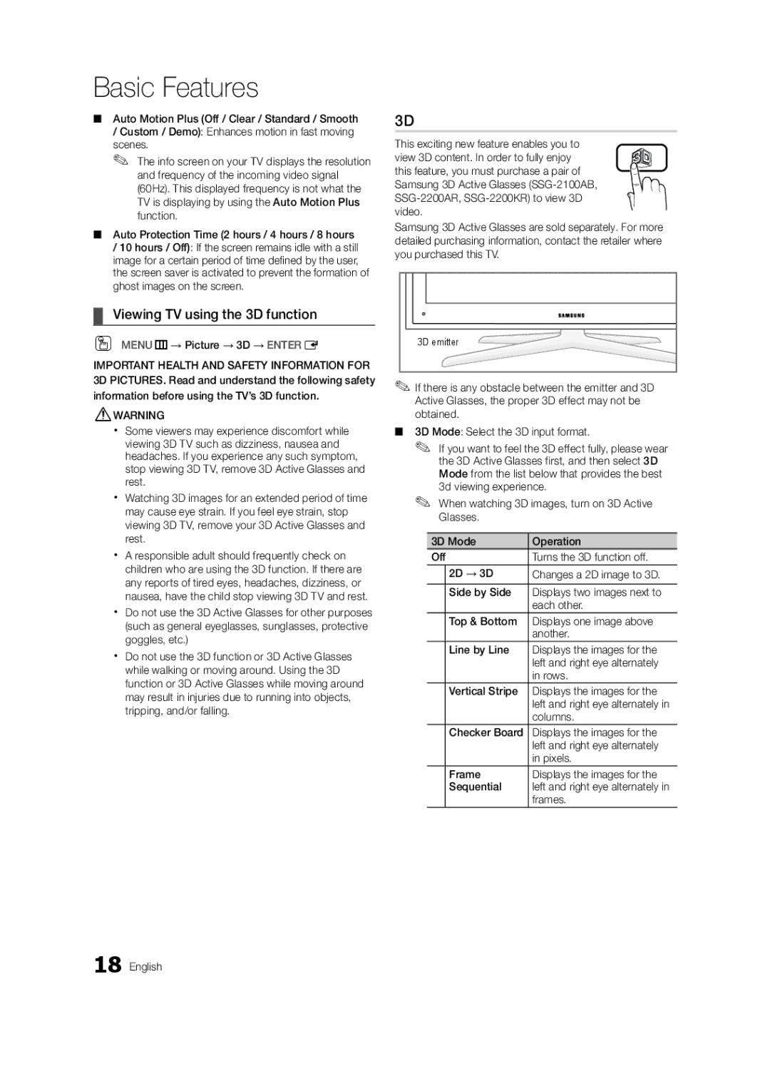 Samsung 750 user manual Viewing TV using the 3D function, Columns, Frames, 3D emitter, Left and right eye alternately 