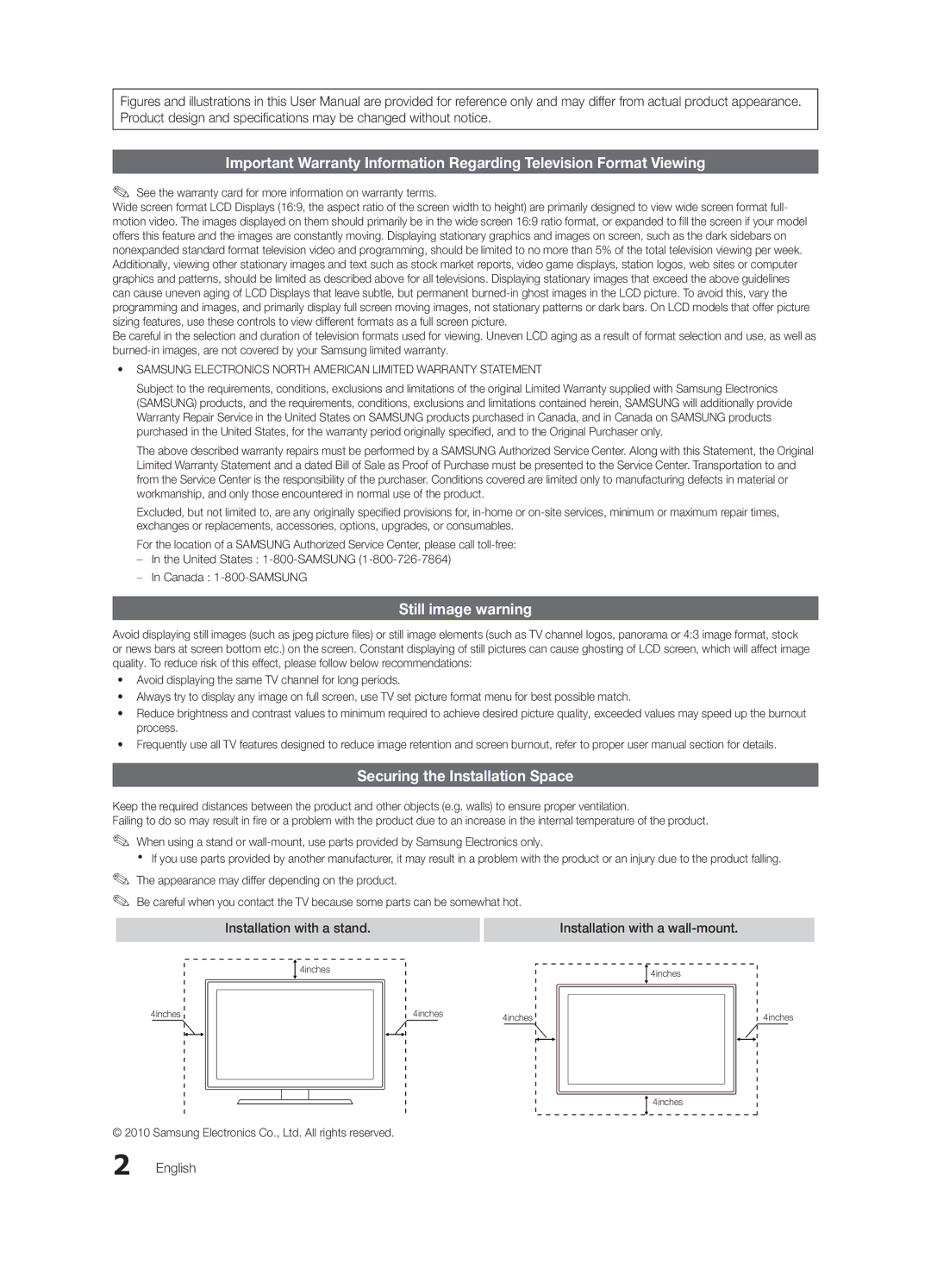 Samsung 750 user manual Still image warning, Securing the Installation Space, Installation with a stand, English 