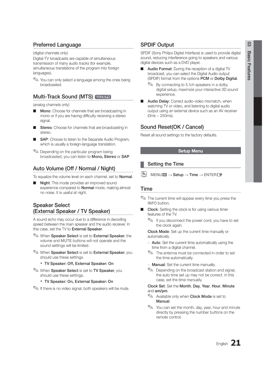 Samsung 750 user manual Preferred Language, Multi-Track Sound MTS t, Auto Volume Off / Normal / Night, Spdif Output, Time 