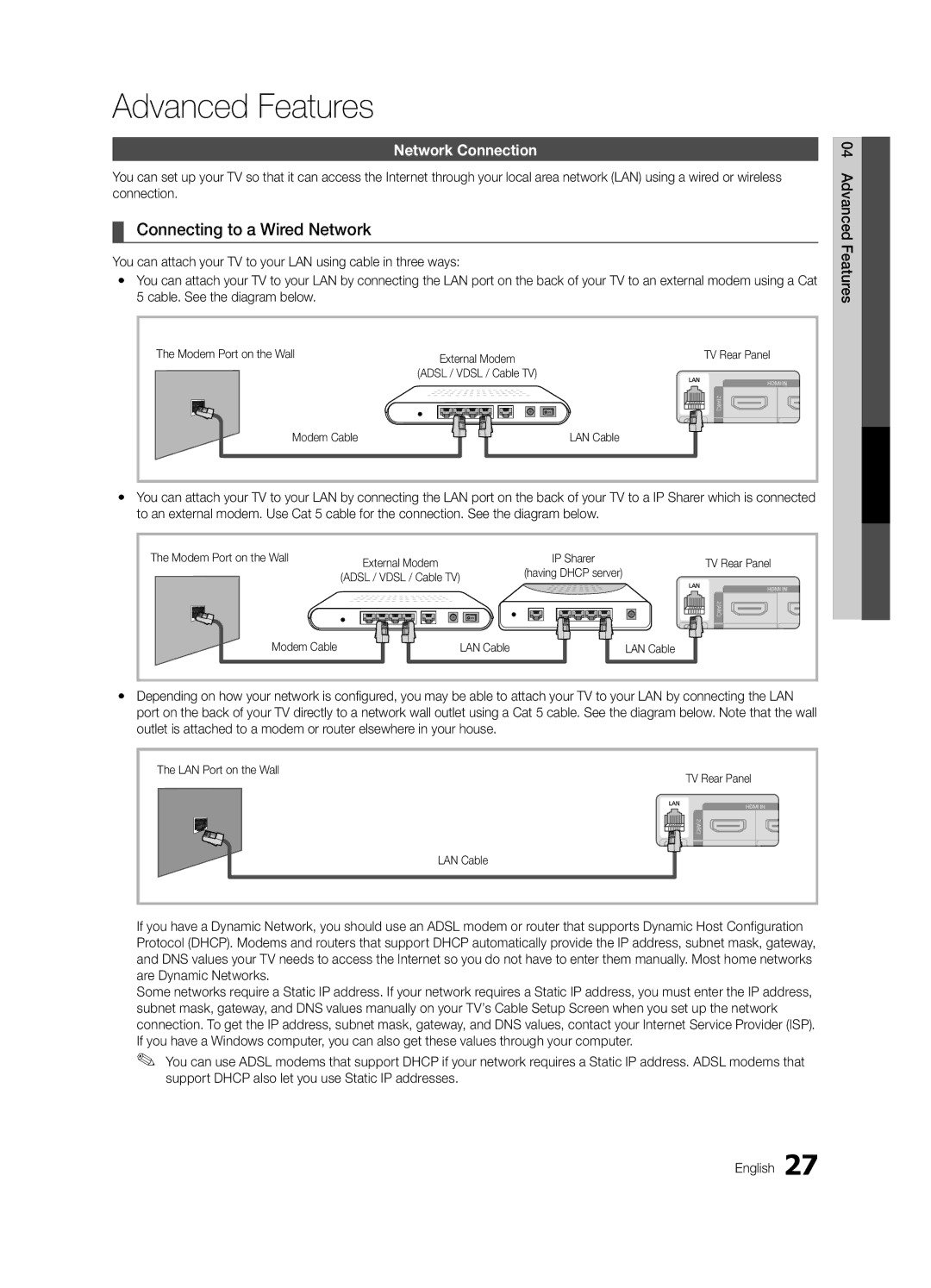 Samsung 750 user manual Advanced Features, Connecting to a Wired Network, Network Connection 