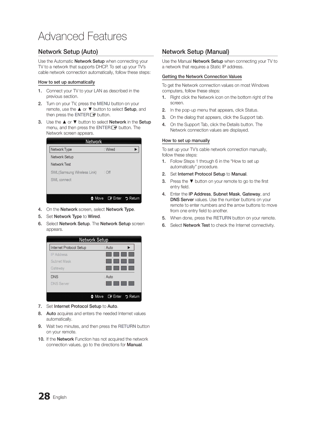 Samsung 750 user manual Network Setup Auto, Network Setup Manual, Network Type Wired Network Setup Network Test 