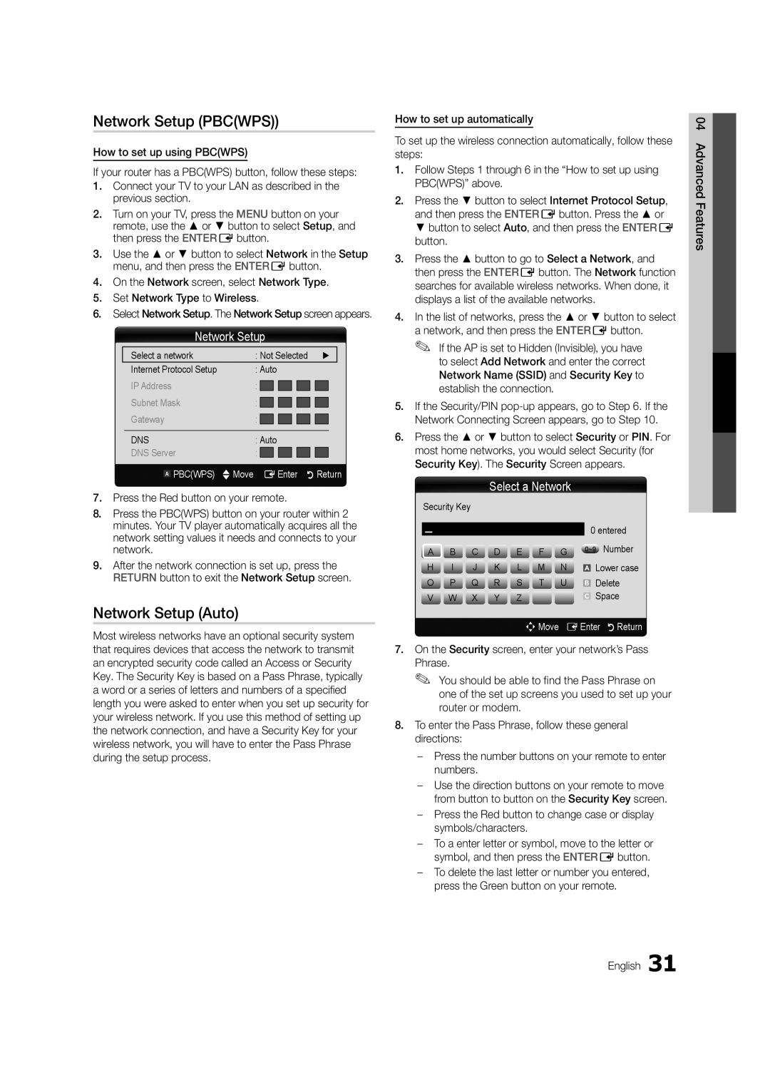 Samsung 750 user manual Network Setup Pbcwps, Select a Network, Advanced Features English, Pbcwps UMove EEnter RReturn 