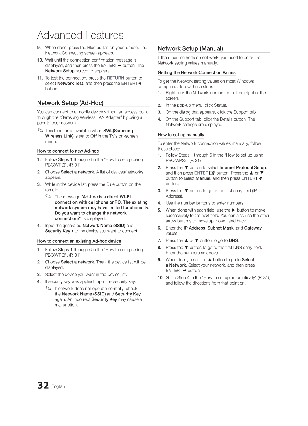 Samsung 750 user manual Network Setup Ad-Hoc, Network Setup Manual 