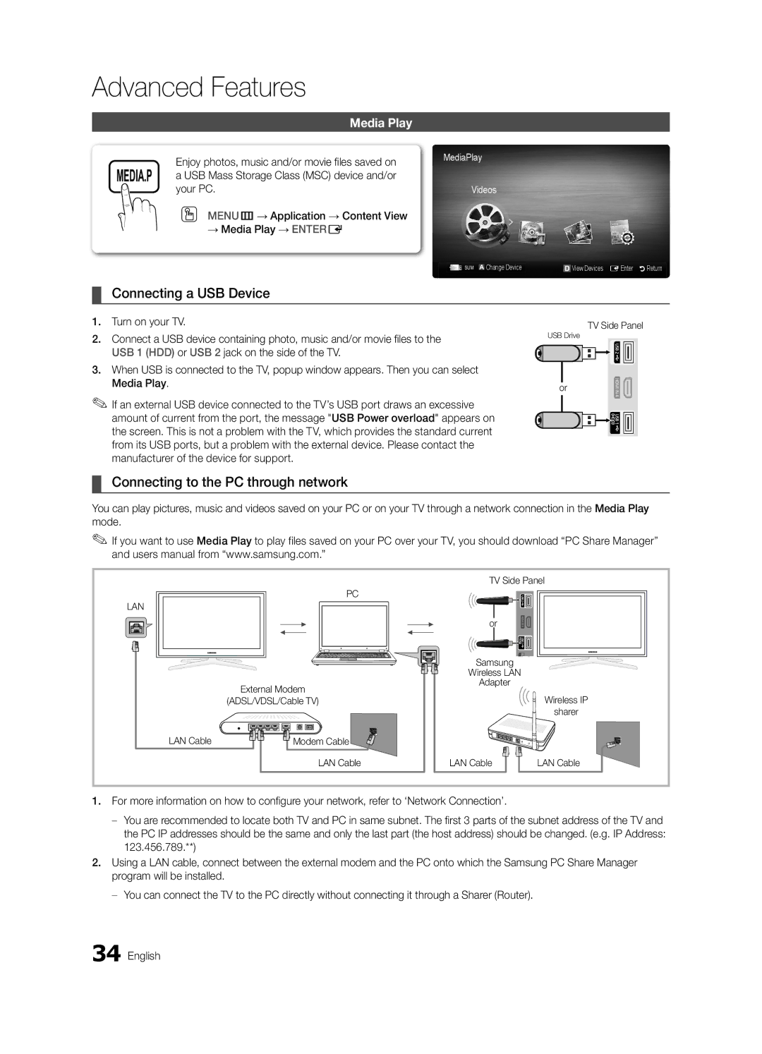 Samsung 750 user manual Connecting a USB Device, Connecting to the PC through network, Media Play, Your PC 