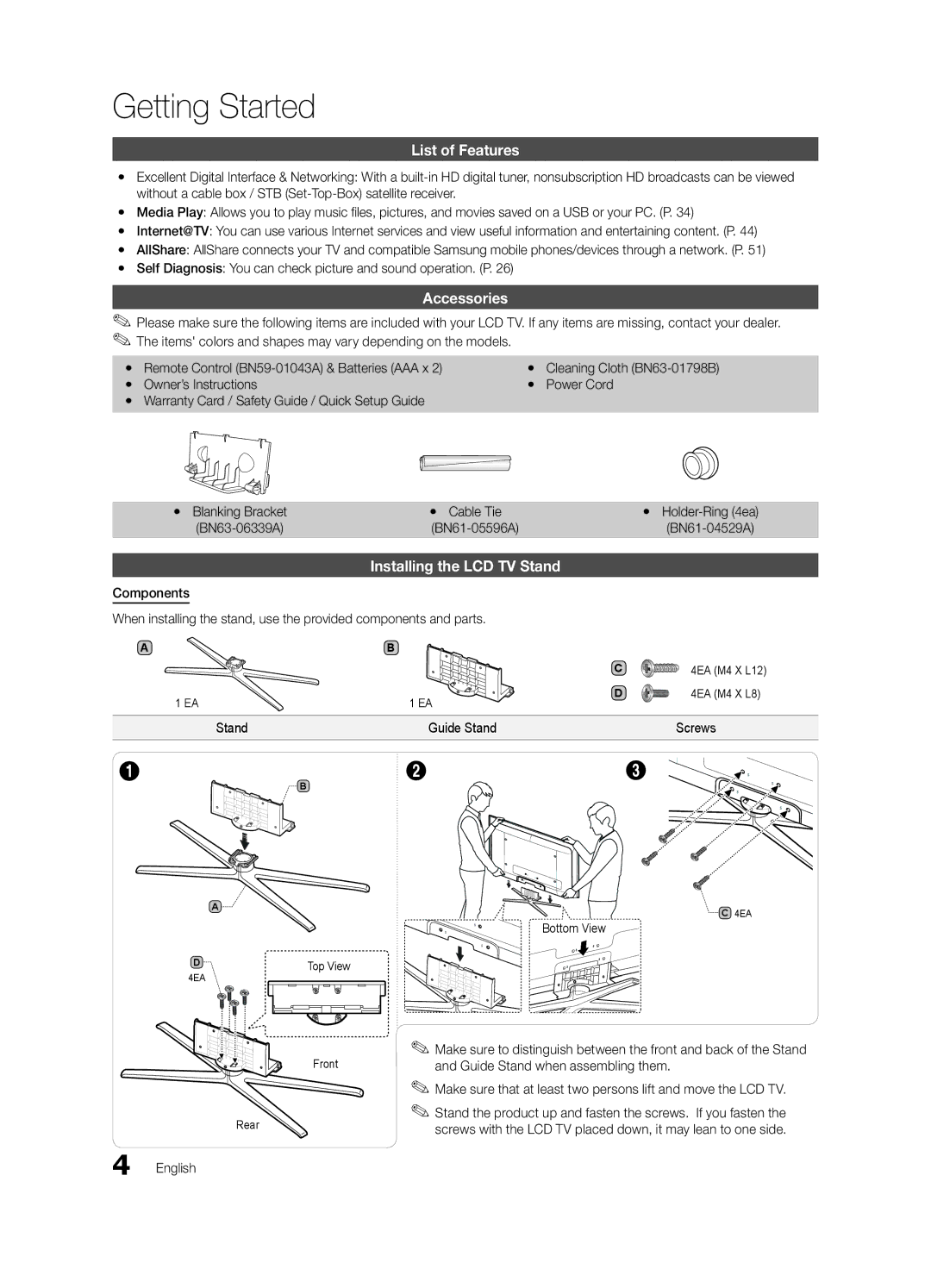 Samsung 750 user manual Getting Started, List of Features, Accessories, Installing the LCD TV Stand 