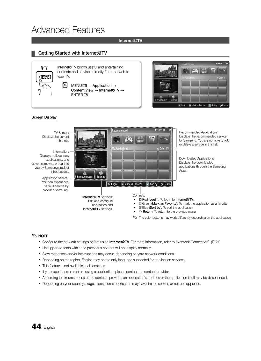 Samsung 750 Getting Started with Internet@TV, Recommended My Applications, Login B Mark as Favorite D Sort by RReturn 