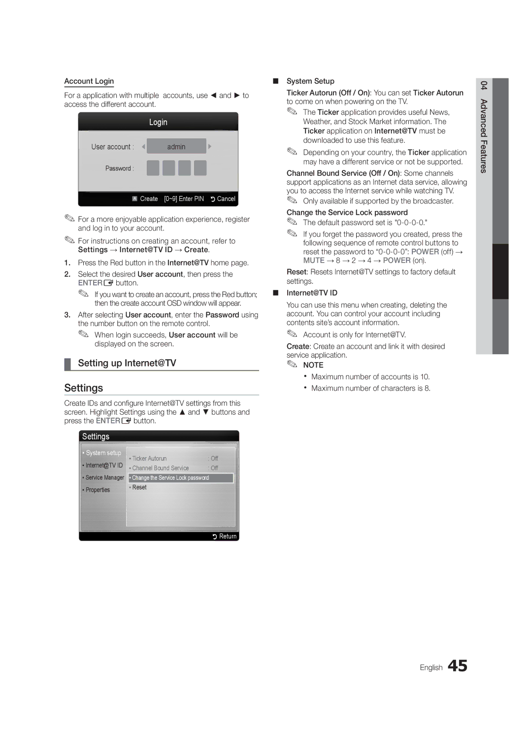 Samsung 750 user manual Setting up Internet@TV, Login, Settings 