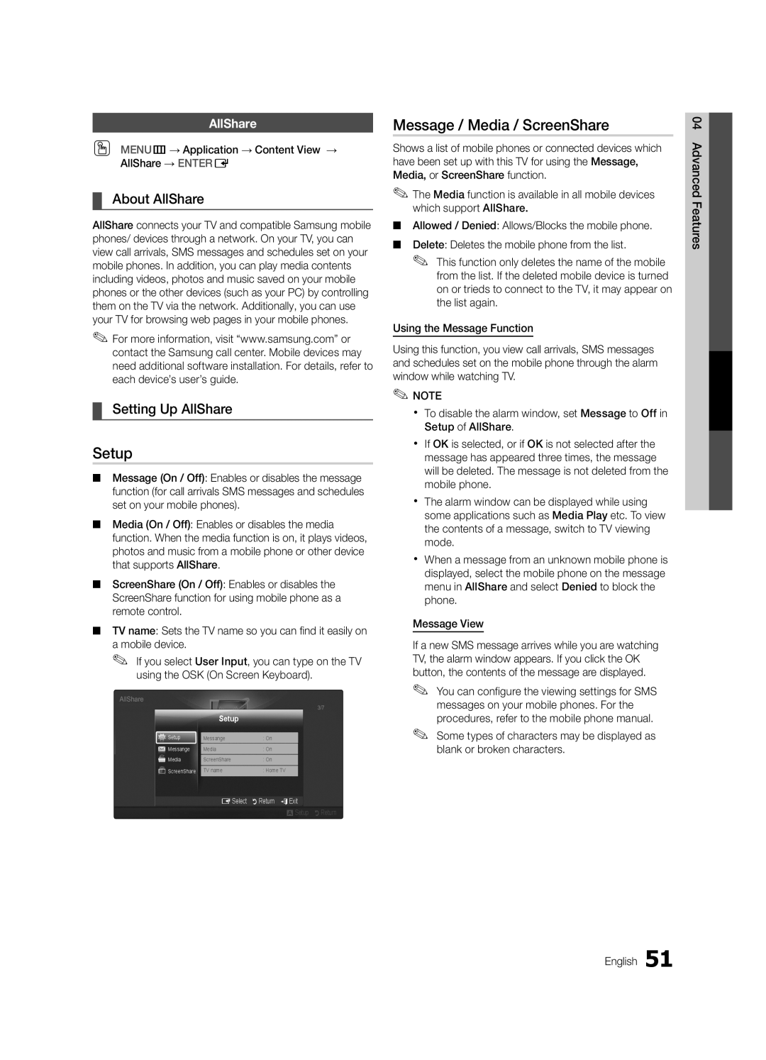 Samsung 750 user manual Setup, Message / Media / ScreenShare, About AllShare, Setting Up AllShare 