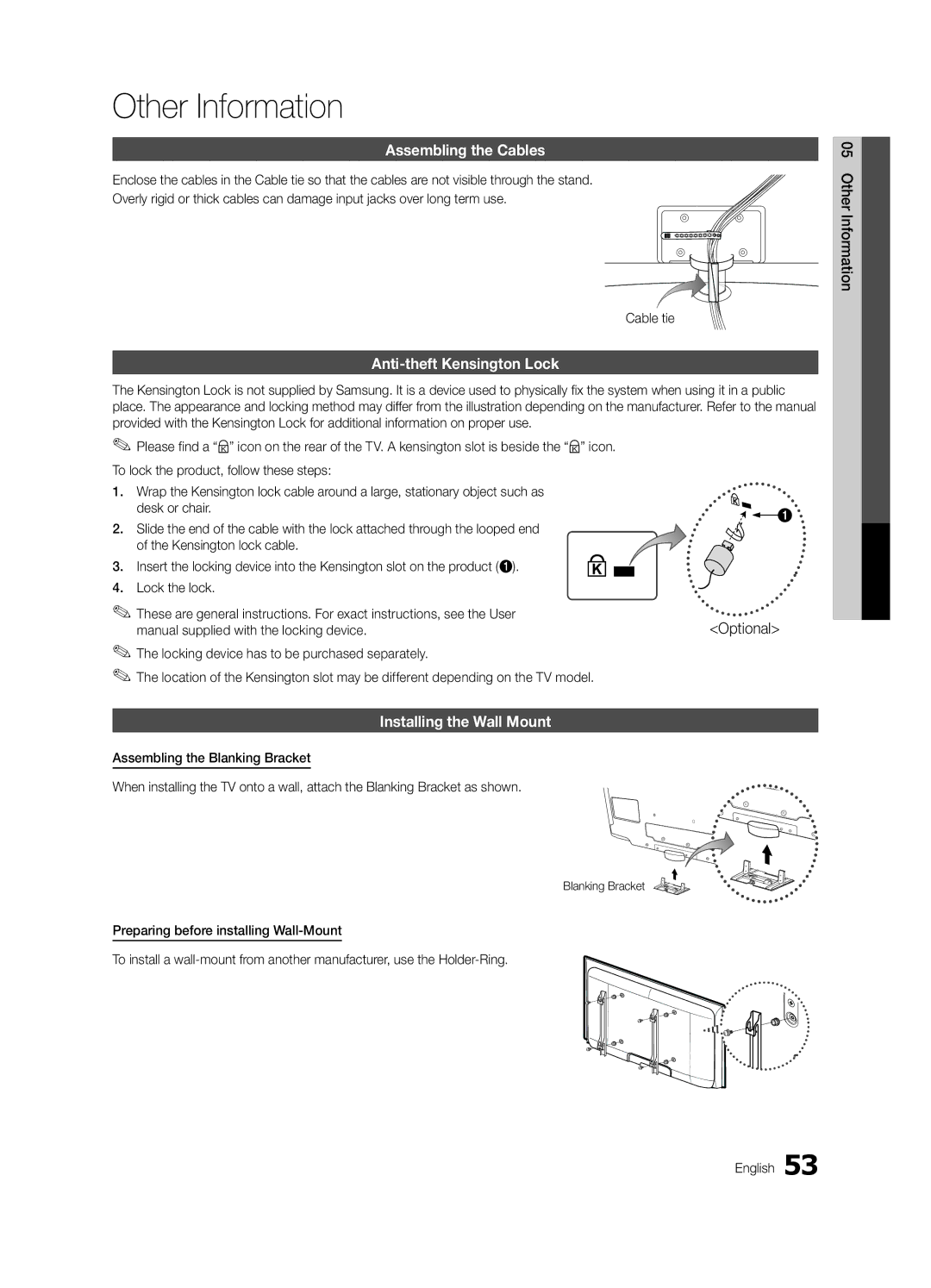 Samsung 750 user manual Other Information, Assembling the Cables, Anti-theft Kensington Lock, Installing the Wall Mount 