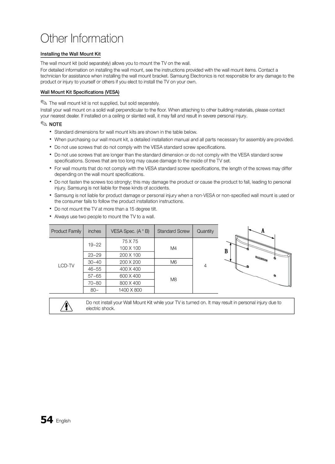 Samsung 750 user manual Inches, Quantity, 80~ 