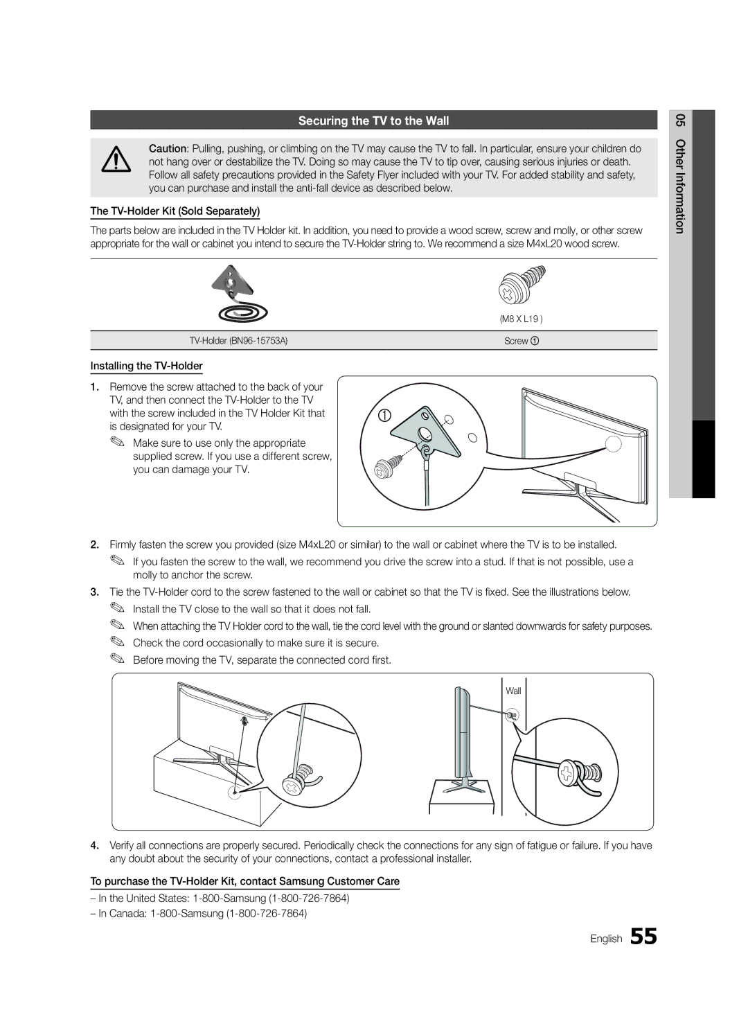 Samsung 750 user manual Securing the TV to the Wall, TV-Holder Kit Sold Separately, M8 X L19 TV-Holder BN96-15753A Screw 