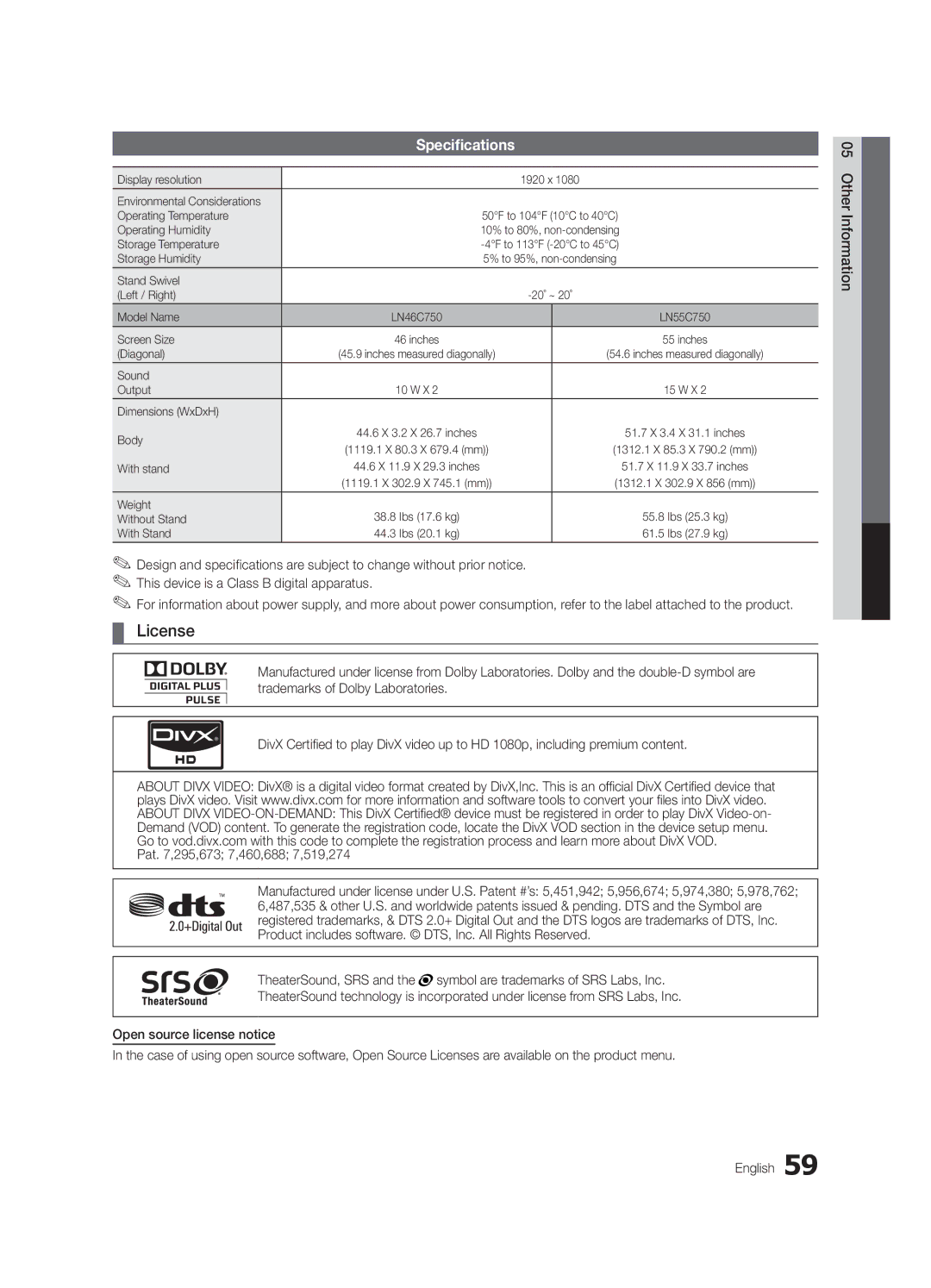 Samsung 750 user manual License, Specifications 