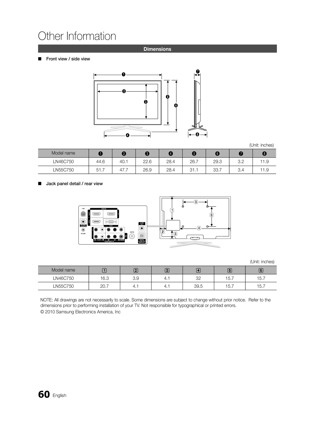 Samsung 750 user manual Dimensions 