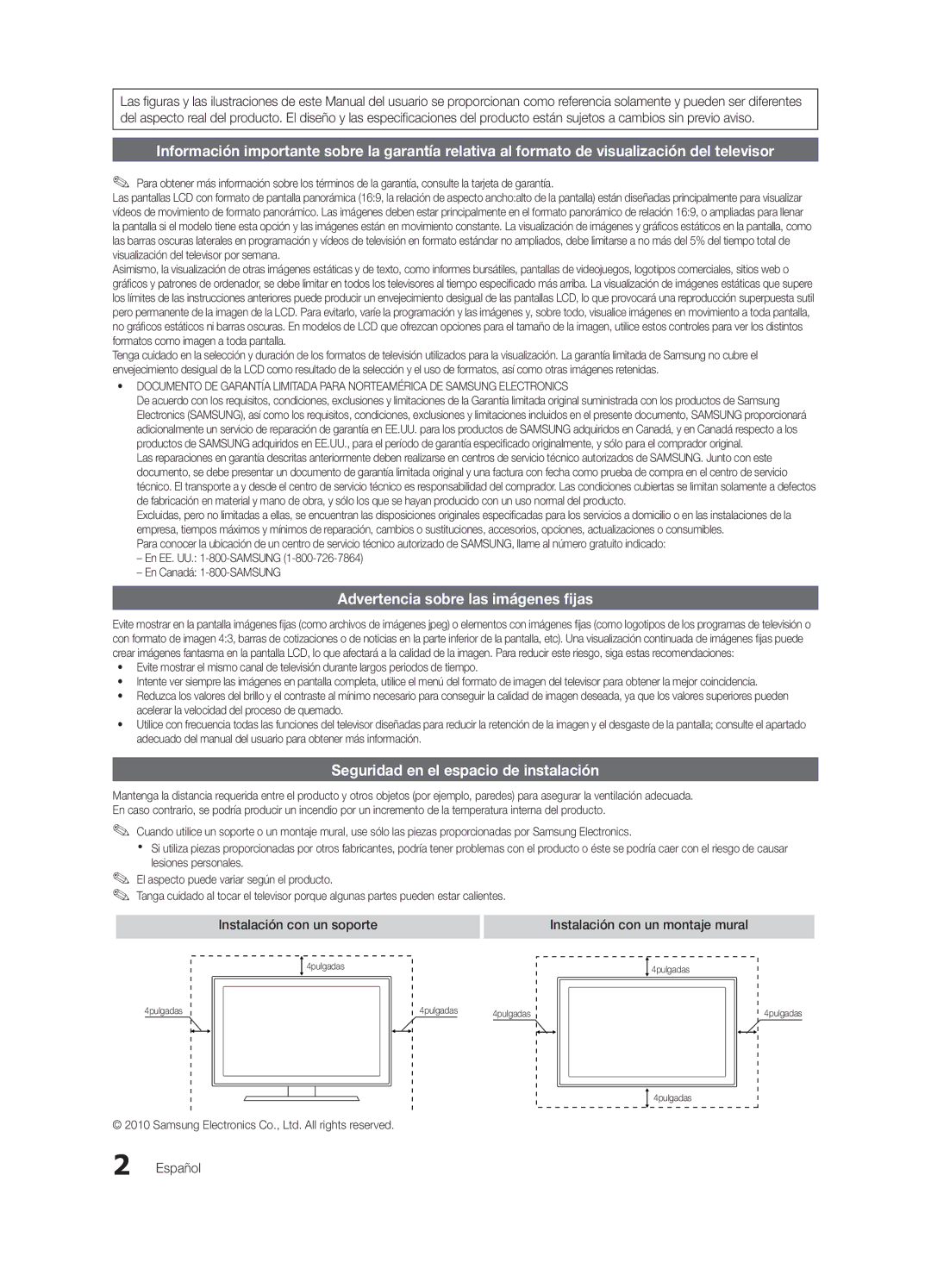 Samsung 750 user manual Advertencia sobre las imágenes fijas, Seguridad en el espacio de instalación, Español 