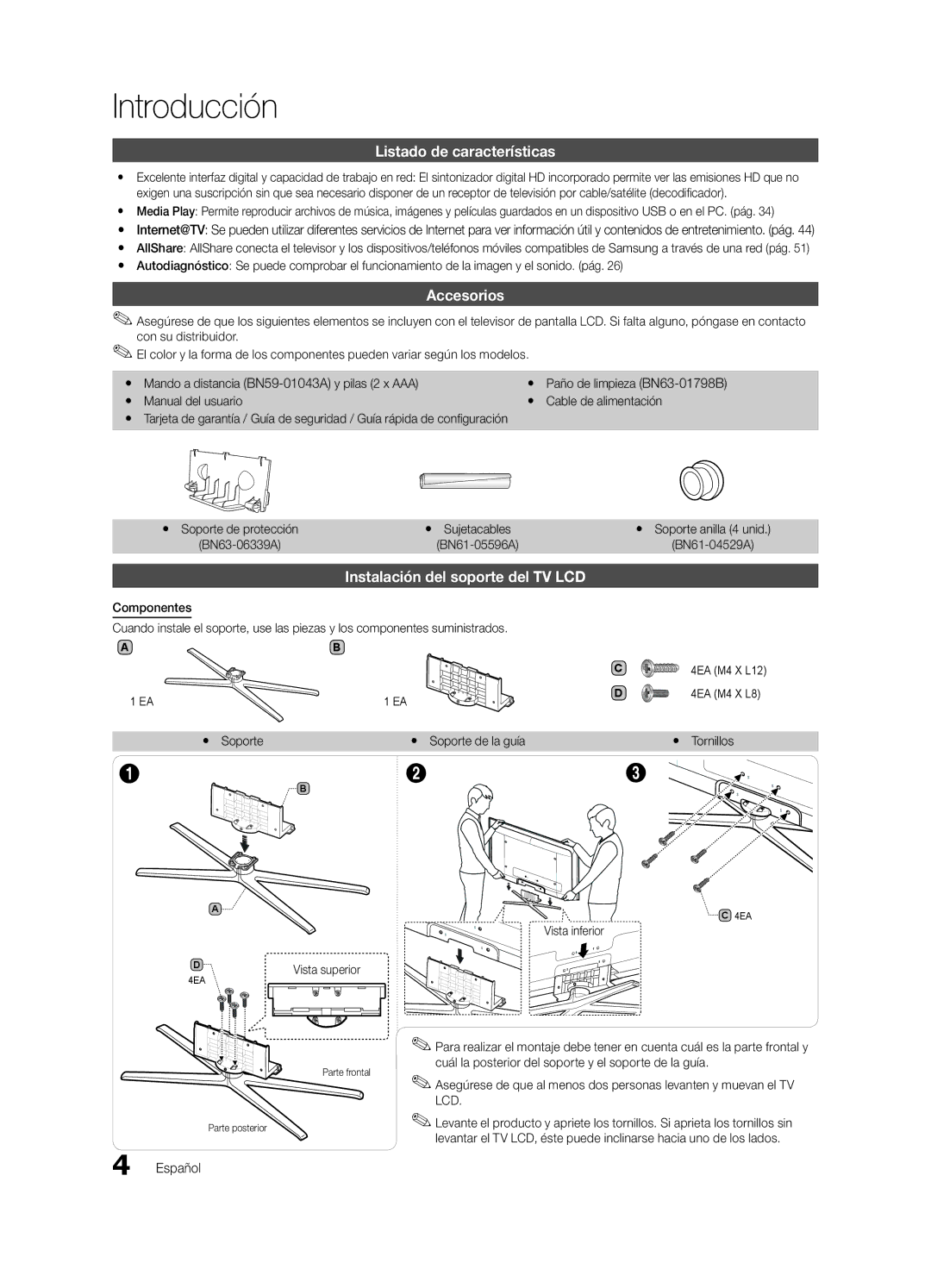 Samsung 750 user manual Introducción, Listado de características, Accesorios, Instalación del soporte del TV LCD 