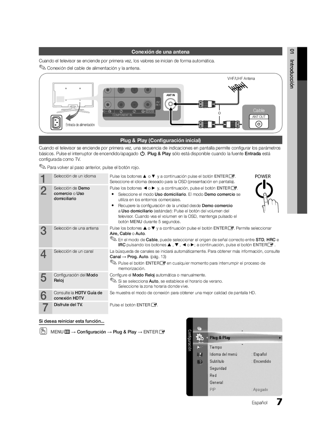 Samsung 750 user manual Conexión de una antena, Plug & Play Configuración inicial, Introducción 