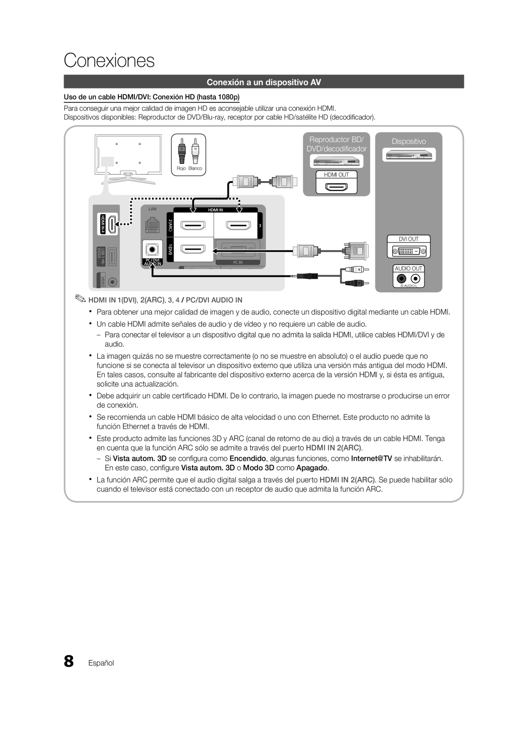 Samsung 750 user manual Conexiones, Conexión a un dispositivo AV, Reproductor BD Dispositivo, DVD/decodificador 