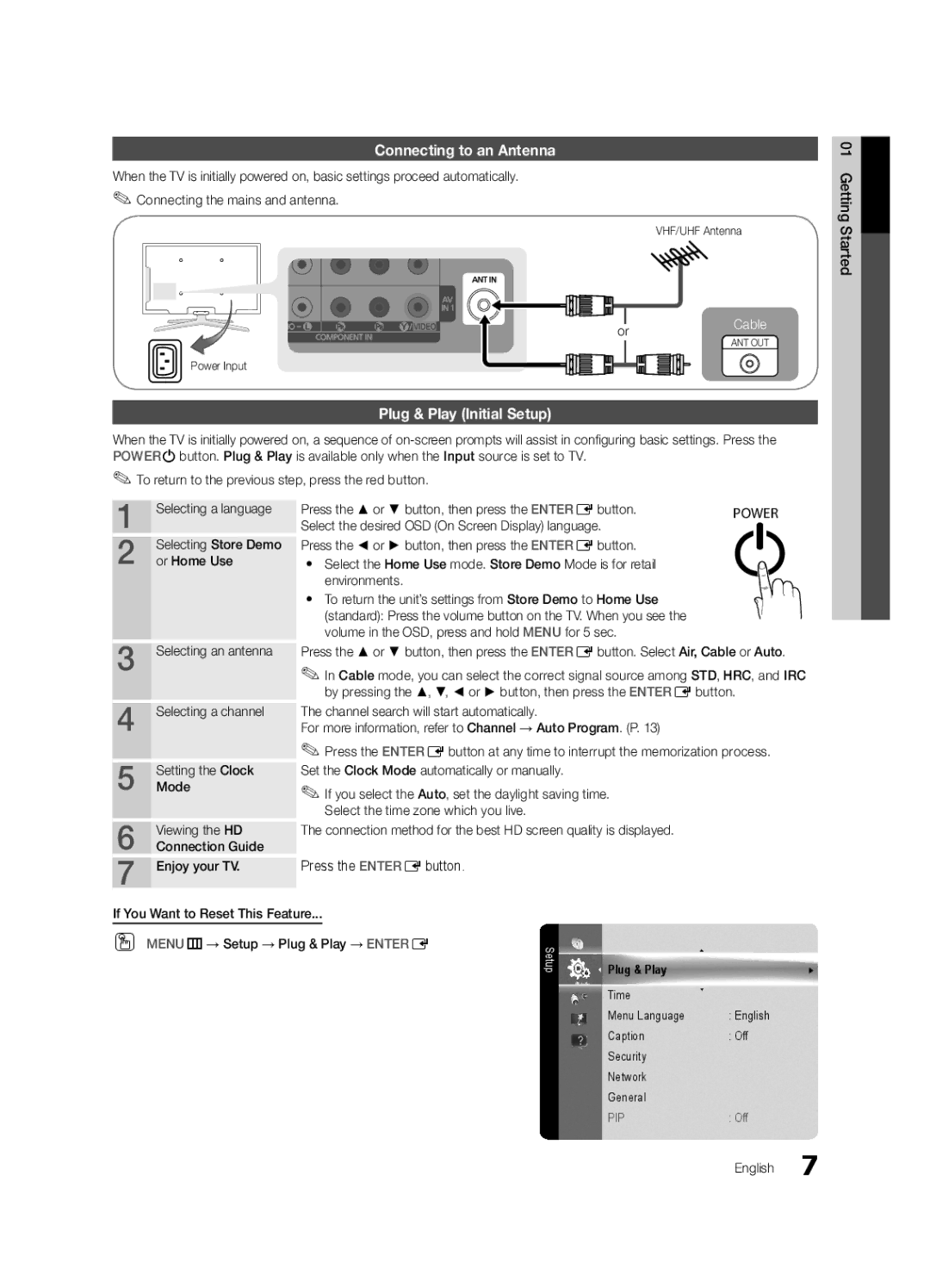 Samsung 750 user manual Connecting to an Antenna, Plug & Play Initial Setup, Or Home Use 