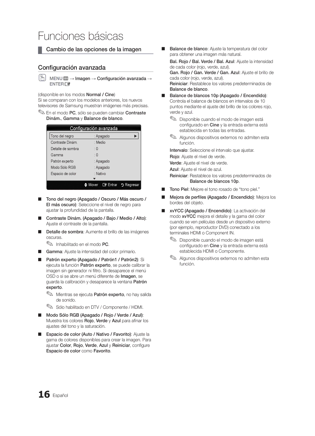 Samsung 750 user manual Cambio de las opciones de la imagen, OO MENUm→ Imagen → Configuración avanzada → 