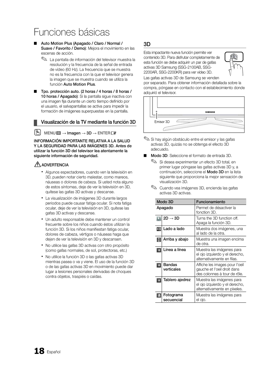 Samsung 750 user manual Visualización de la TV mediante la función 3D 