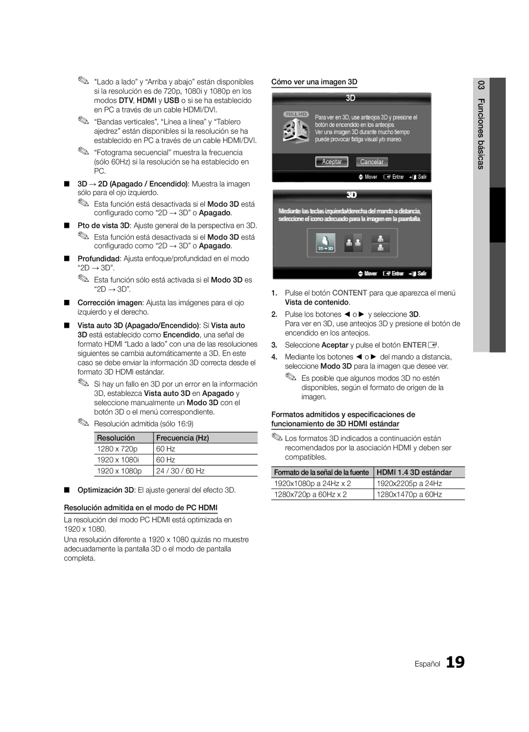 Samsung 750 user manual Pto de vista 3D Ajuste general de la perspectiva en 3D, Hdmi 1.4 3D estándar, Aceptar Cancelar 