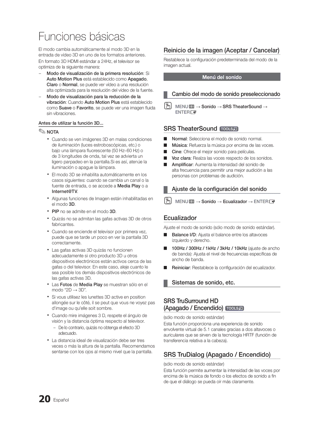 Samsung 750 user manual Reinicio de la imagen Aceptar / Cancelar, Ecualizador, SRS TruSurround HD Apagado / Encendido t 