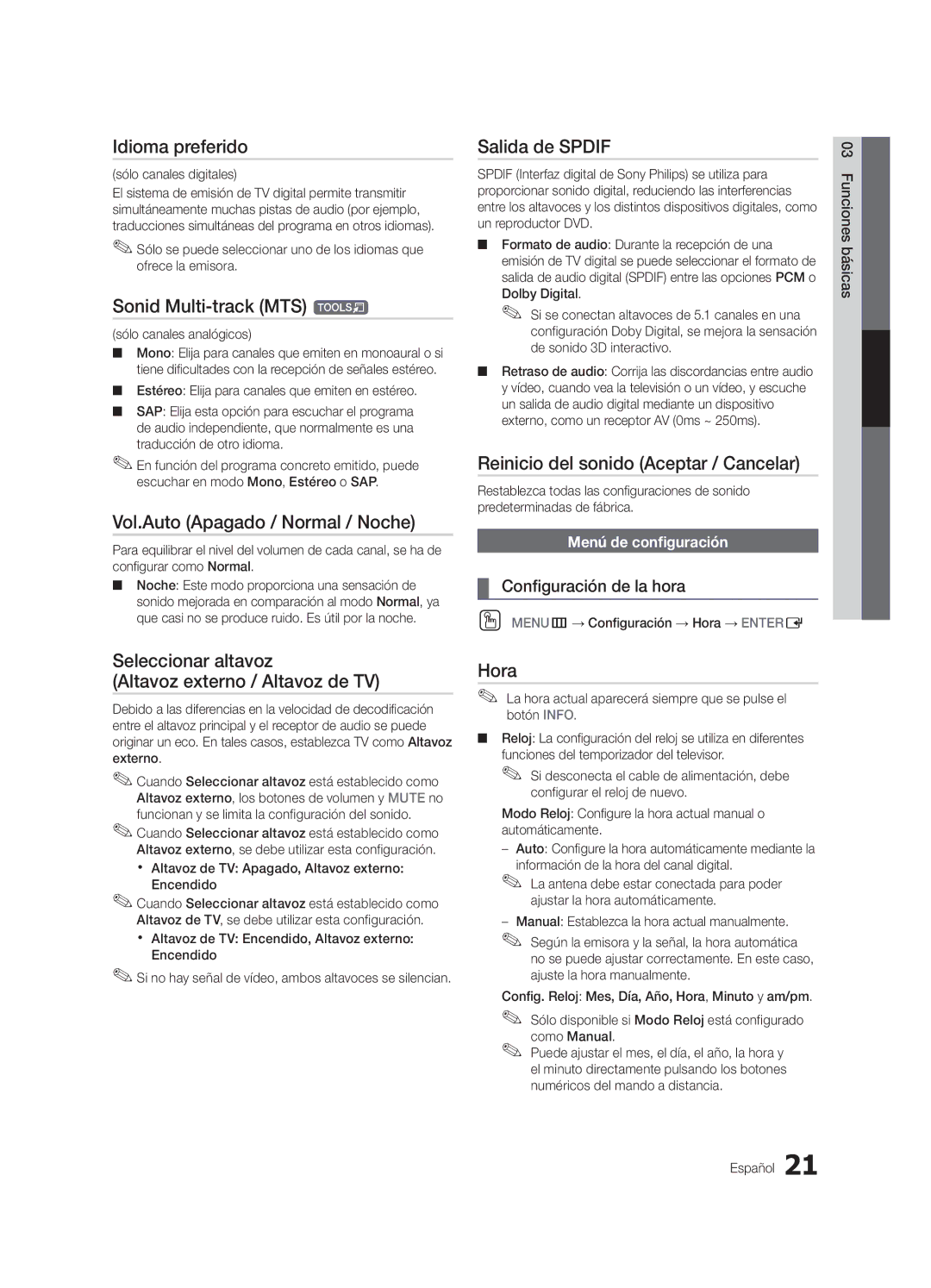 Samsung 750 user manual Idioma preferido, Sonid Multi-track MTS t, Vol.Auto Apagado / Normal / Noche, Salida de Spdif, Hora 