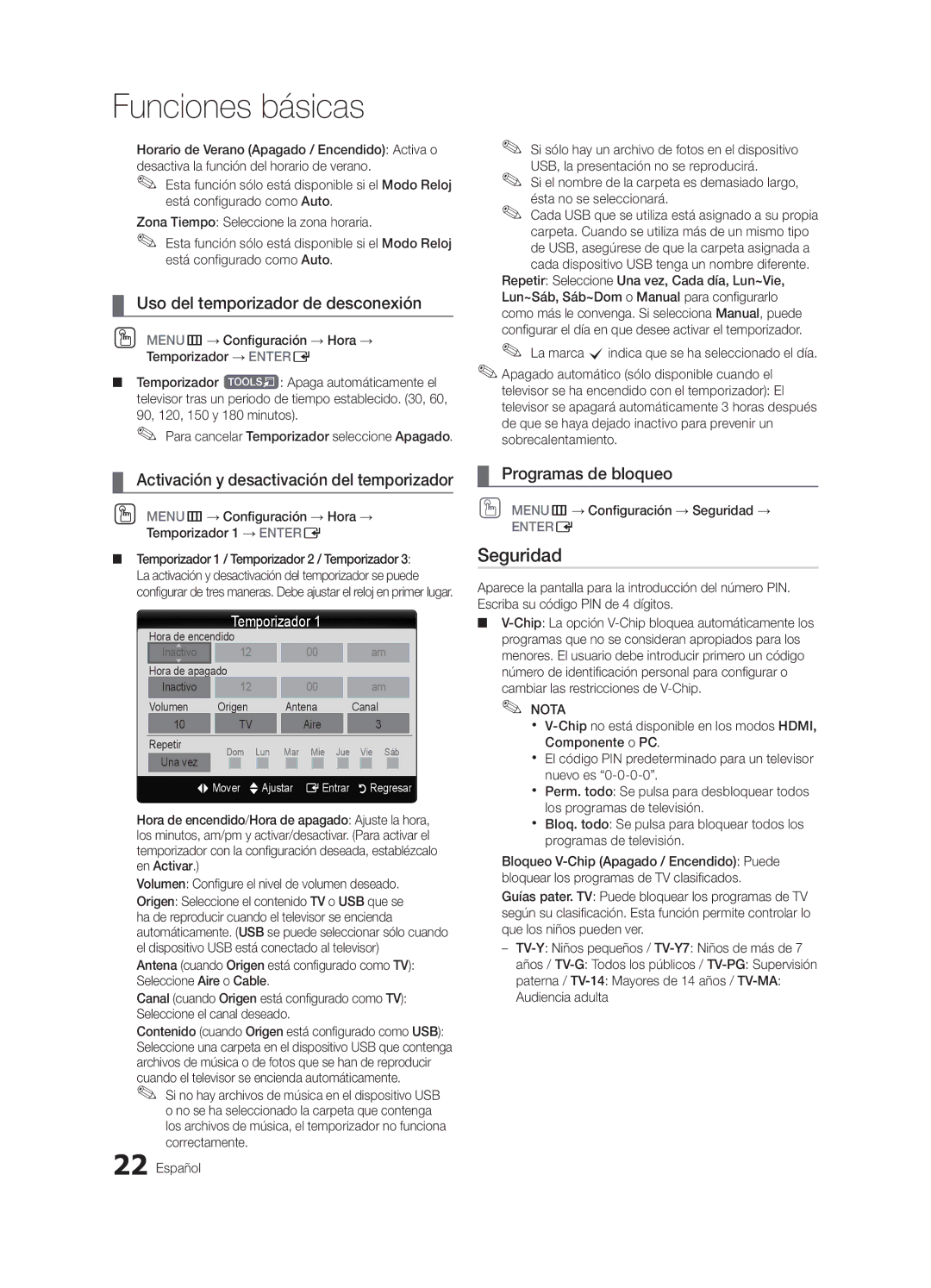 Samsung 750 Seguridad, Uso del temporizador de desconexión, Activación y desactivación del temporizador, Temporizador 