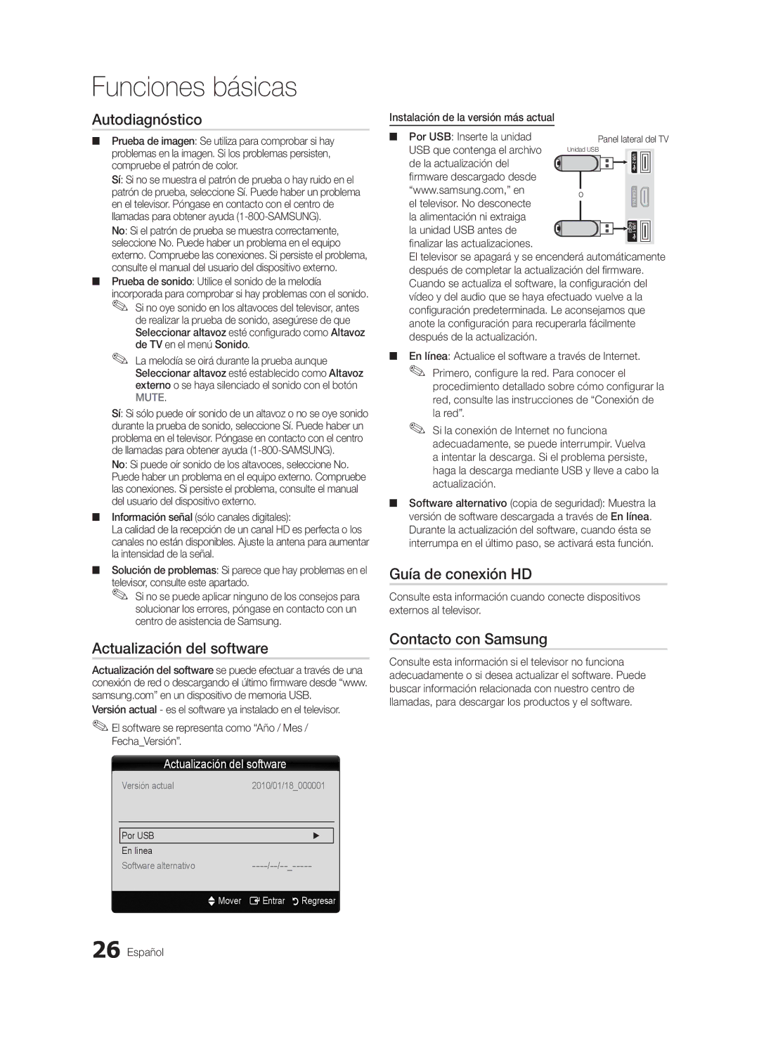 Samsung 750 user manual Autodiagnóstico, Actualización del software, Guía de conexión HD, Contacto con Samsung 