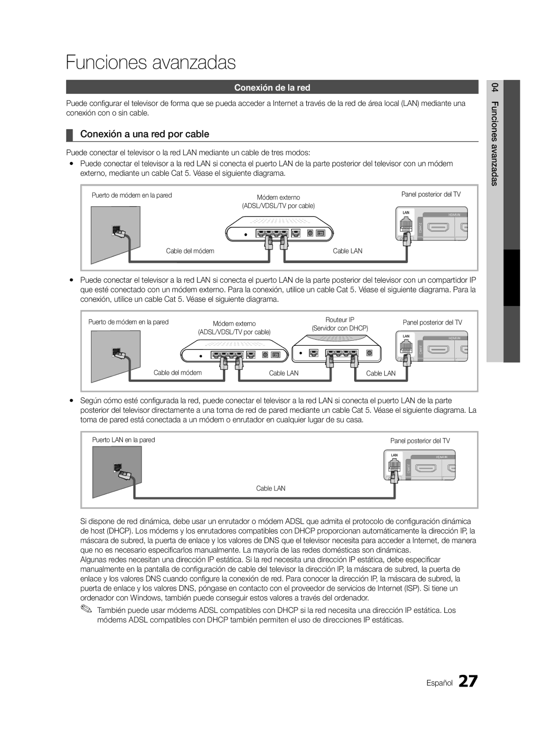 Samsung 750 user manual Conexión a una red por cable, Conexión de la red, Funciones avanzadas Español 