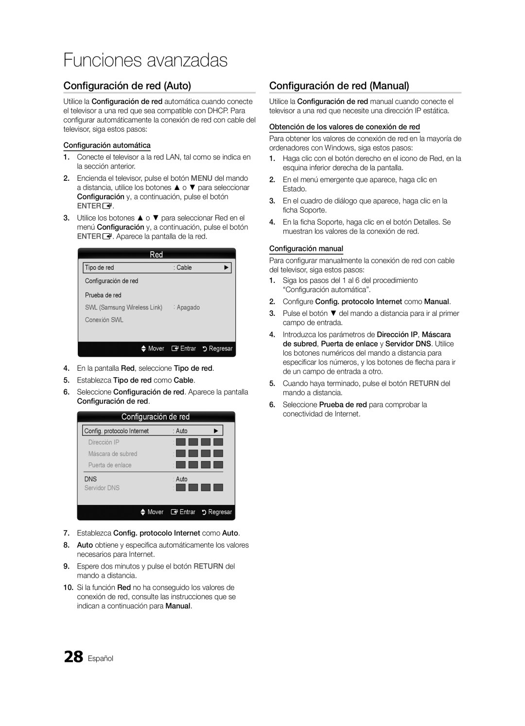 Samsung 750 Configuración de red Auto, Configuración de red Manual, Red, Obtención de los valores de conexión de red 