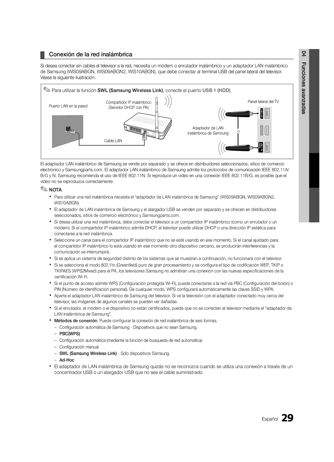 Samsung 750 user manual Conexión de la red inalámbrica, Adaptador de LAN 