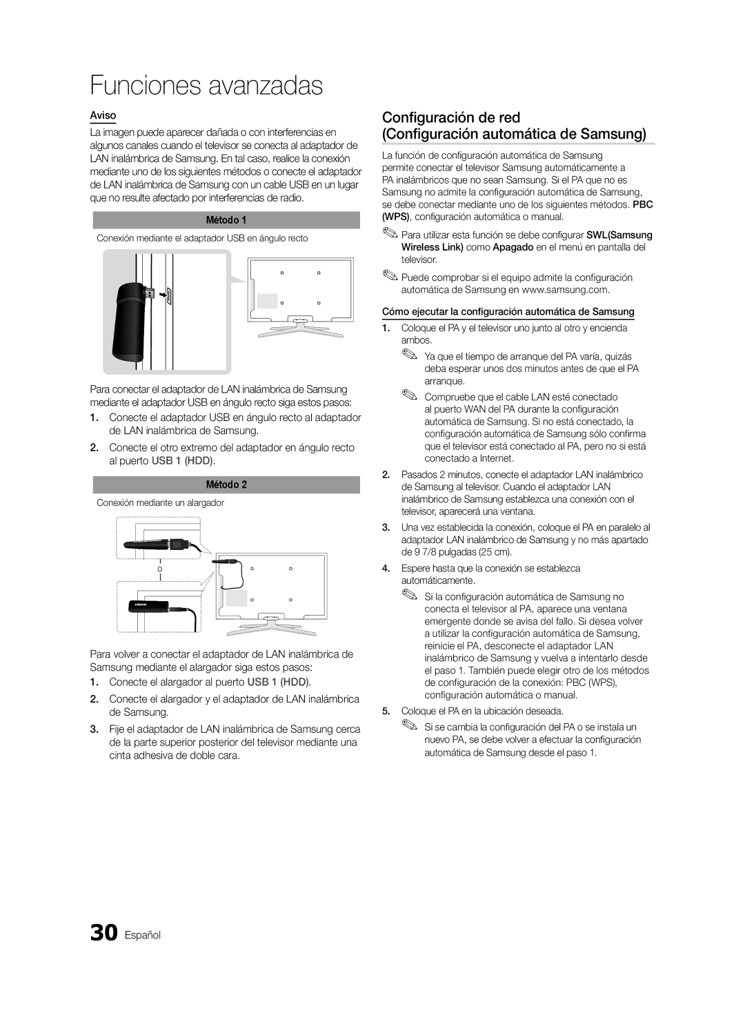 Samsung 750 user manual Configuración de red Configuración automática de Samsung, Aviso 