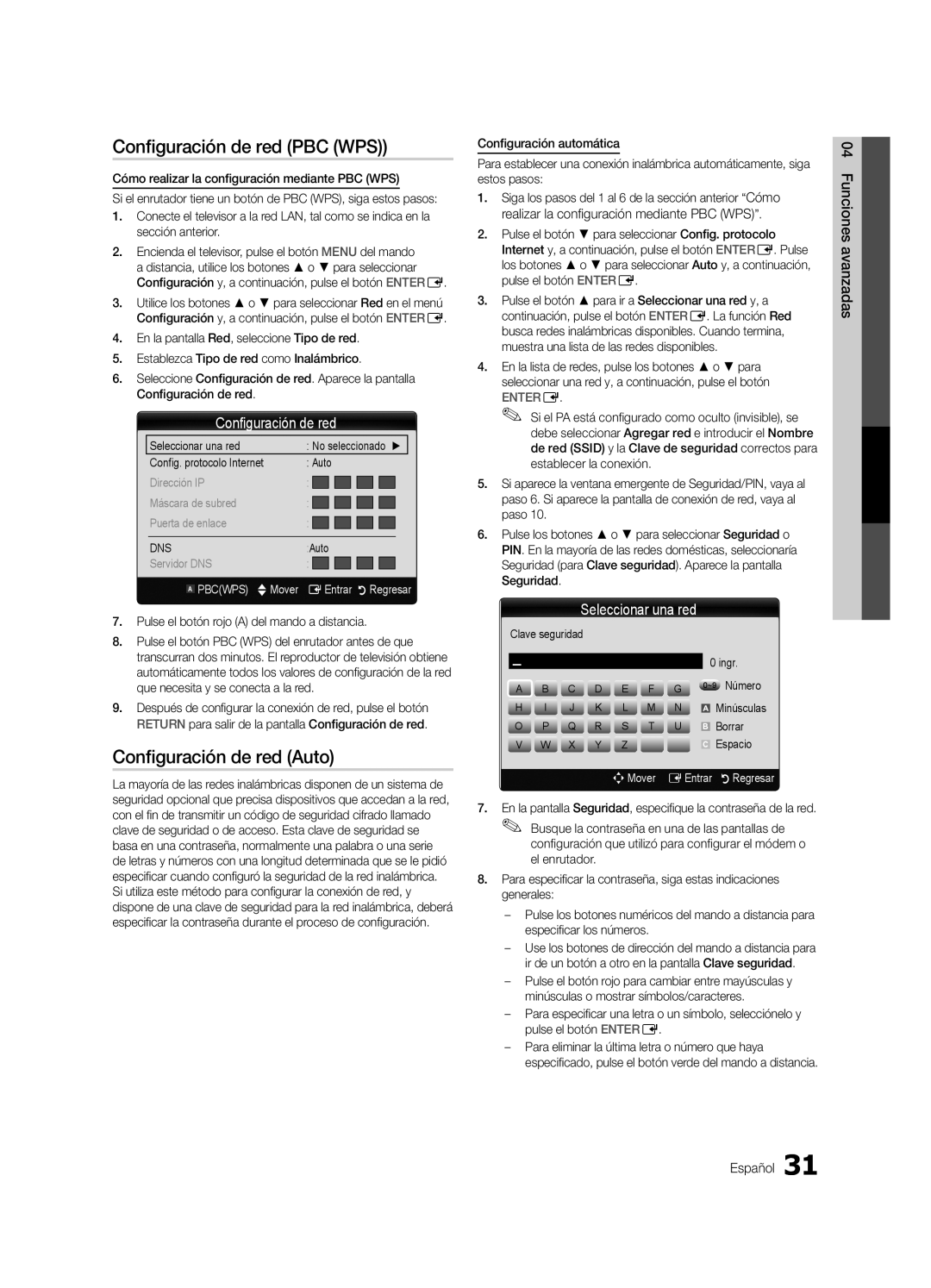 Samsung 750 user manual Configuración de red PBC WPS, Seleccionar una red, Pbcwps UMover EEntrar RRegresar, NMover EEntrar 