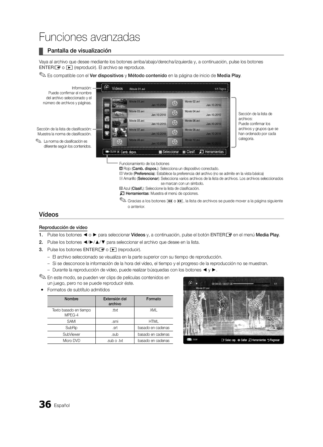 Samsung 750 user manual Vídeos, Pantalla de visualización, Información, Nombre Extensión del Formato 