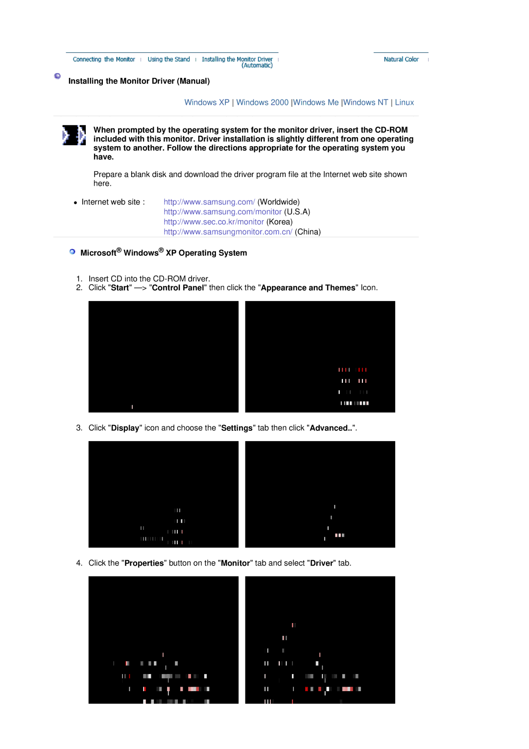 Samsung 750B manual Installing the Monitor Driver Manual, Microsoft Windows XP Operating System 