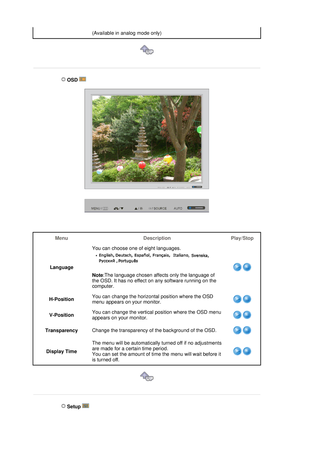 Samsung 750B manual Osd, Language Position Transparency Display Time, Setup 