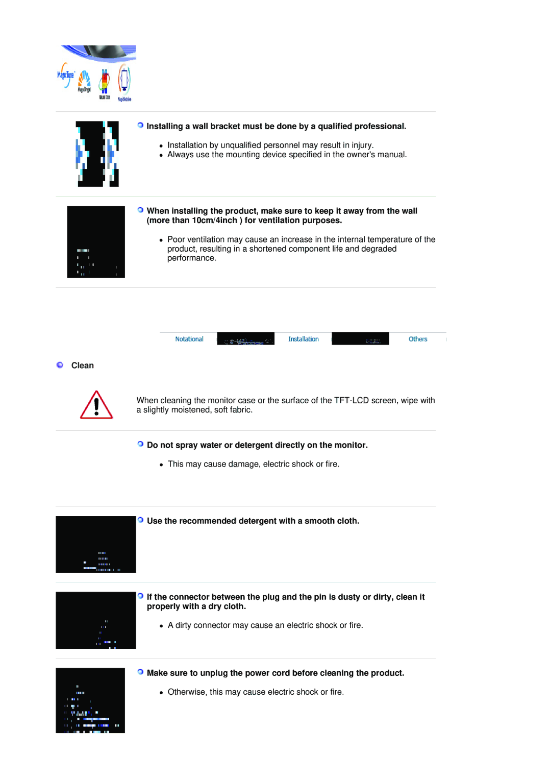 Samsung 750B manual Clean, Do not spray water or detergent directly on the monitor 