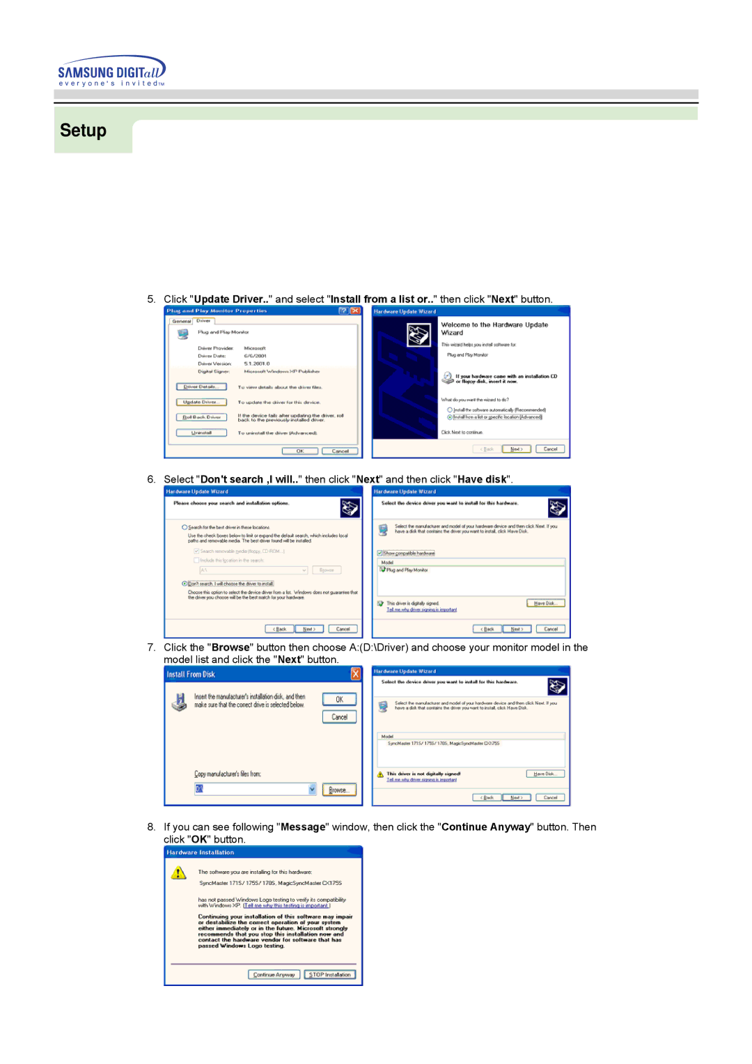 Samsung 750s, 753s, 753v, 753Ms, 750Ms manual Setup 