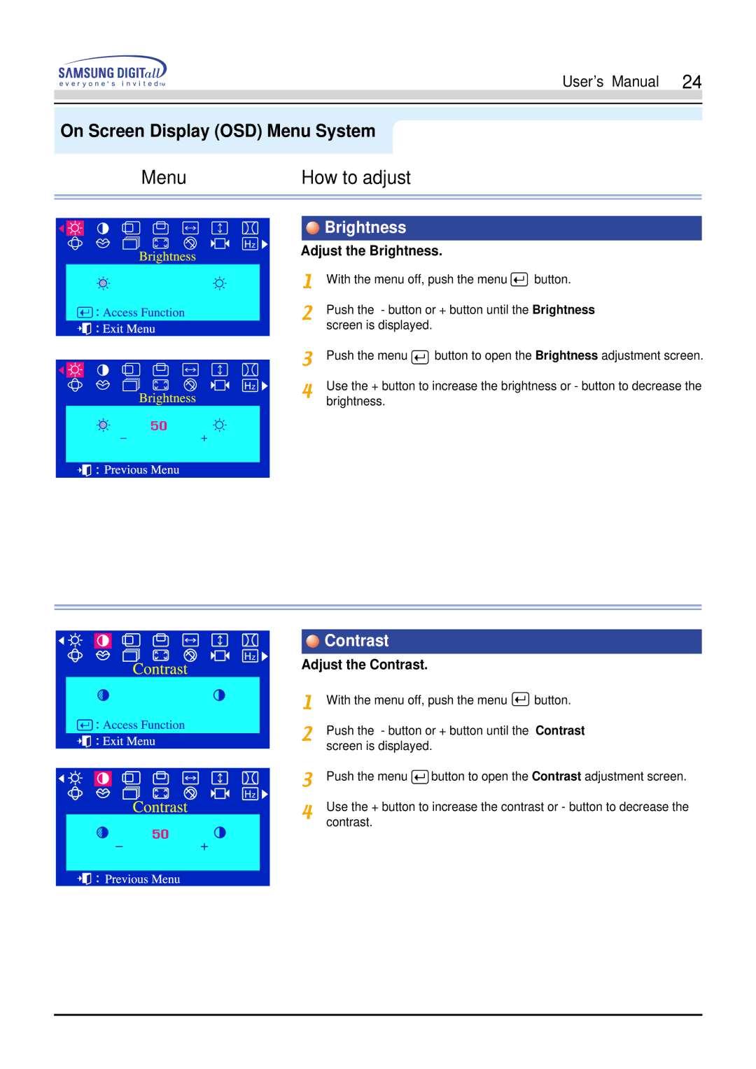 Samsung 750s, 753s, 753v, 753Ms, 750Ms manual Brightness, Contrast 