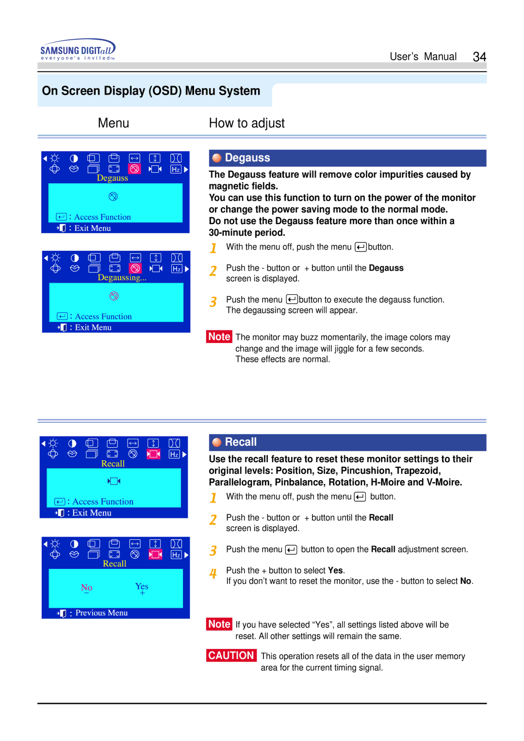 Samsung 750s, 753s, 753v, 753Ms, 750Ms manual Degauss, Recall 