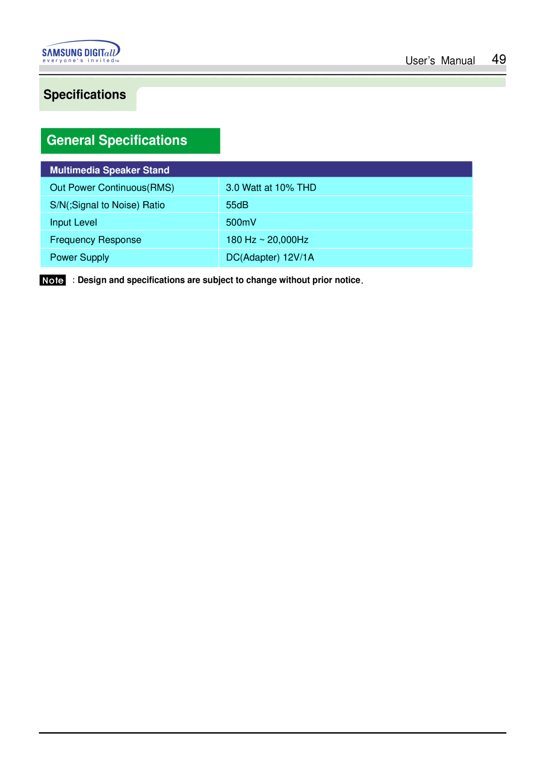 Samsung 750s, 753s, 753v, 753Ms, 750Ms manual General Specifications 