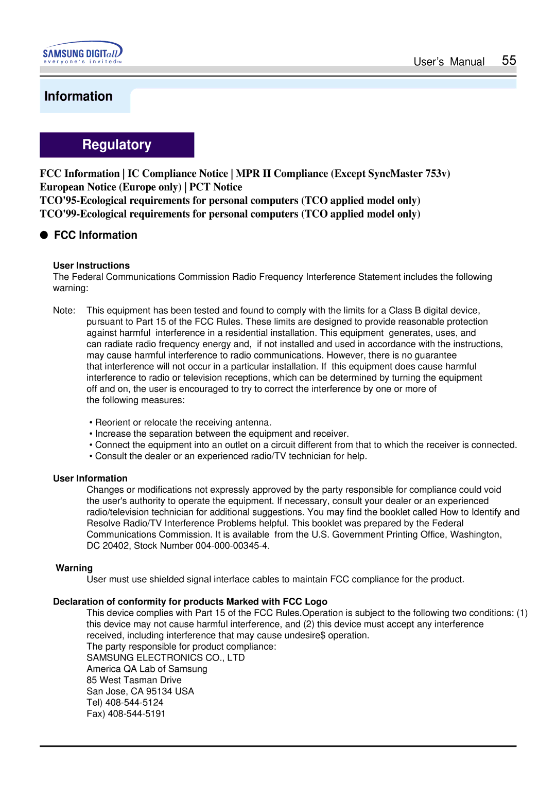 Samsung 750s, 753s, 753v, 753Ms, 750Ms manual Regulatory, FCC Information 