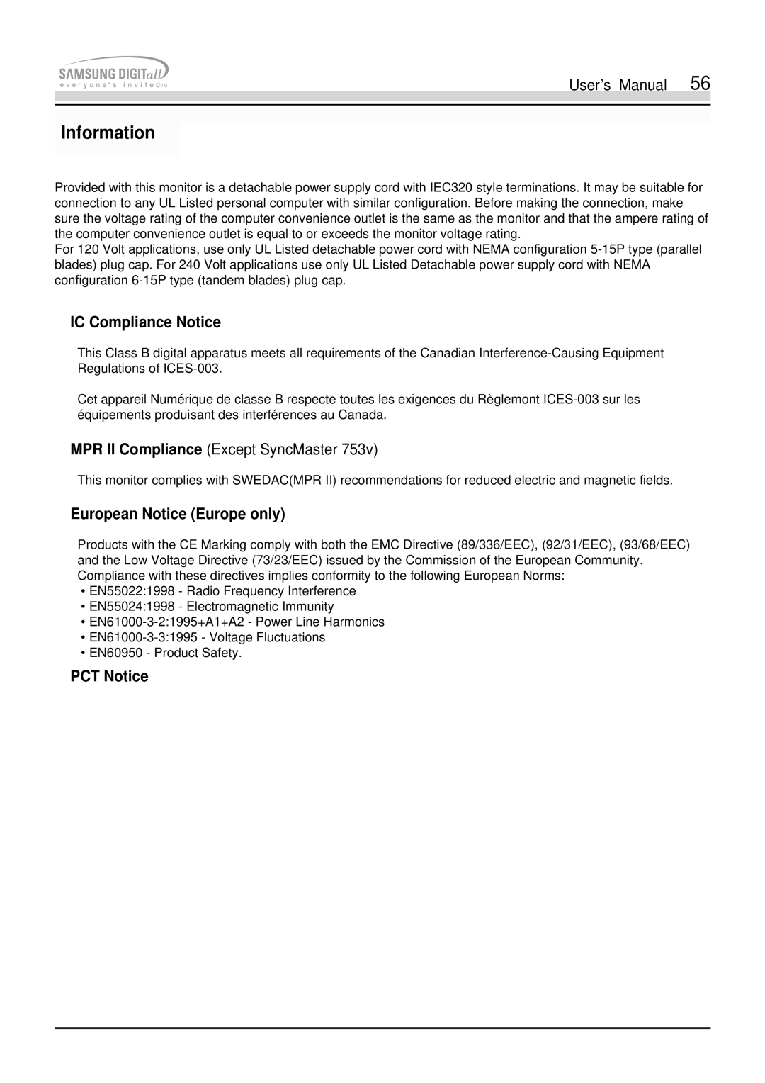 Samsung 750s, 753s, 753v, 753Ms, 750Ms manual IC Compliance Notice, European Notice Europe only, PCT Notice 