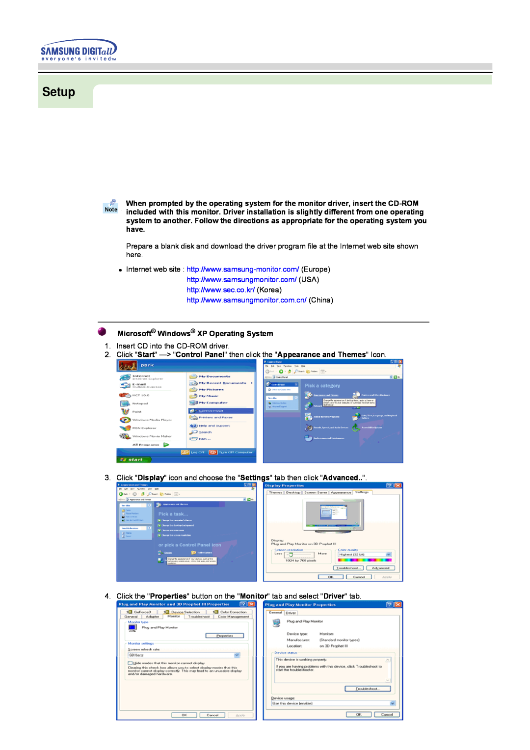 Samsung 750s, 753s, 753v, 753Ms, 750Ms manual Setup, Microsoft Windows XP Operating System 